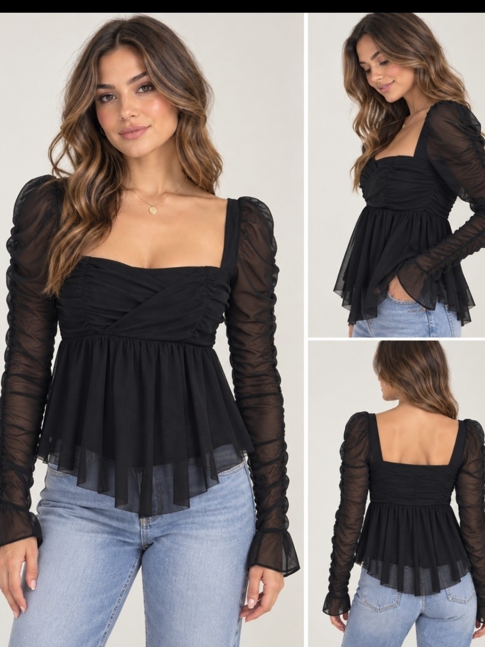 Urban Outfitters Black Ruched Square-Neck Sheer Sleeve Peplum Top Size S